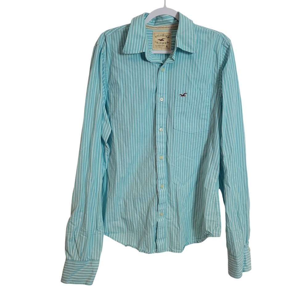 Hollister Mens XL Teal Striped Long Sleeve Button Down Cotton Shirt Logo Y2K
